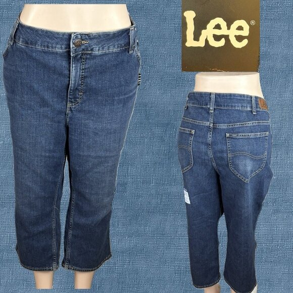 Lee +26W Denim Blue Button Zip Contour Stretch Waist 5 Pockets Jean Capri Pants - Picture 1 of 6